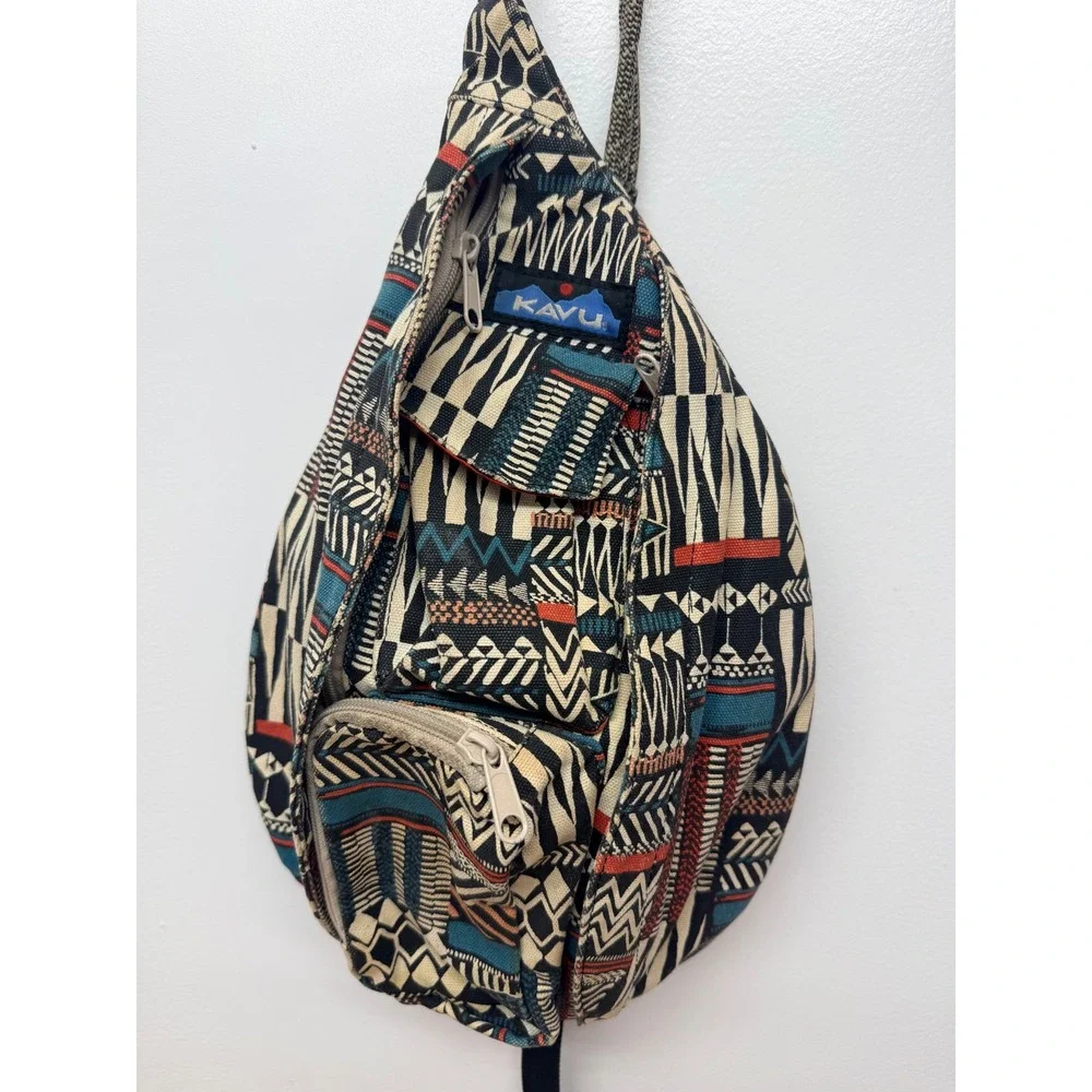 KAVU Rope Bag Canvas Sling Backpack Geometric Tribal Print Black Teal Orange #49